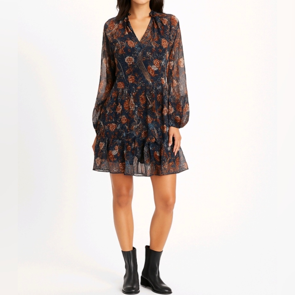 1.State Dress Navy Blue Floral Chiffon Long Balloon Sleeves Lined Size X…
